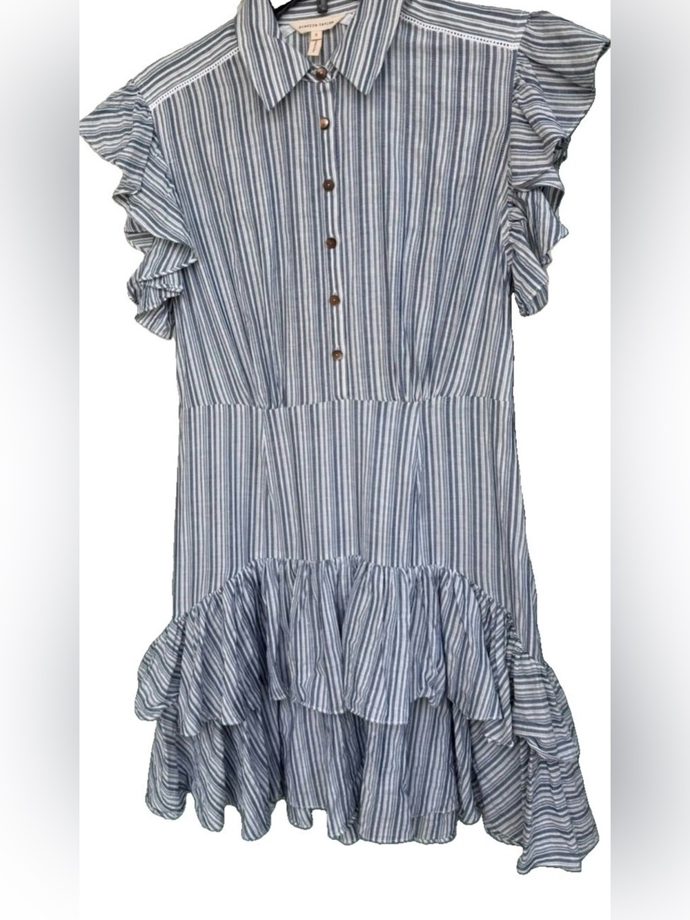 Rebecca Taylor Blue White Striped Cotton Ruffle Sleeve Tiered Shirt Dress Sz 2